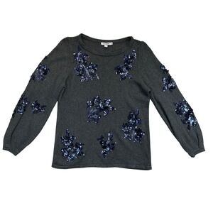 Chicos Sweater Womens S Gray Blue Sequin Flower Long Sleeve Pullover‎ Crew Neck